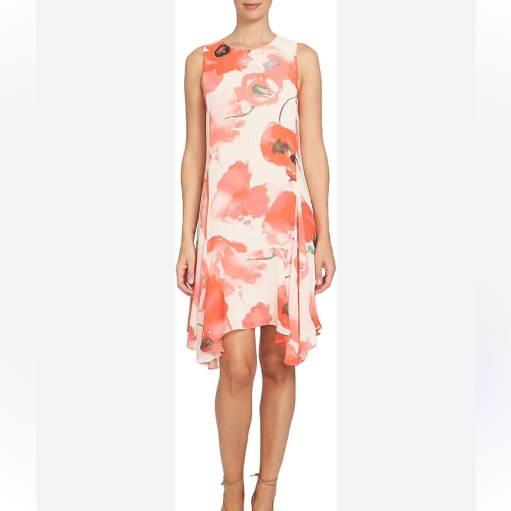 Coral Floral Chiffon Shift Sleeveless Dress Cece - Picture 1 of 5
